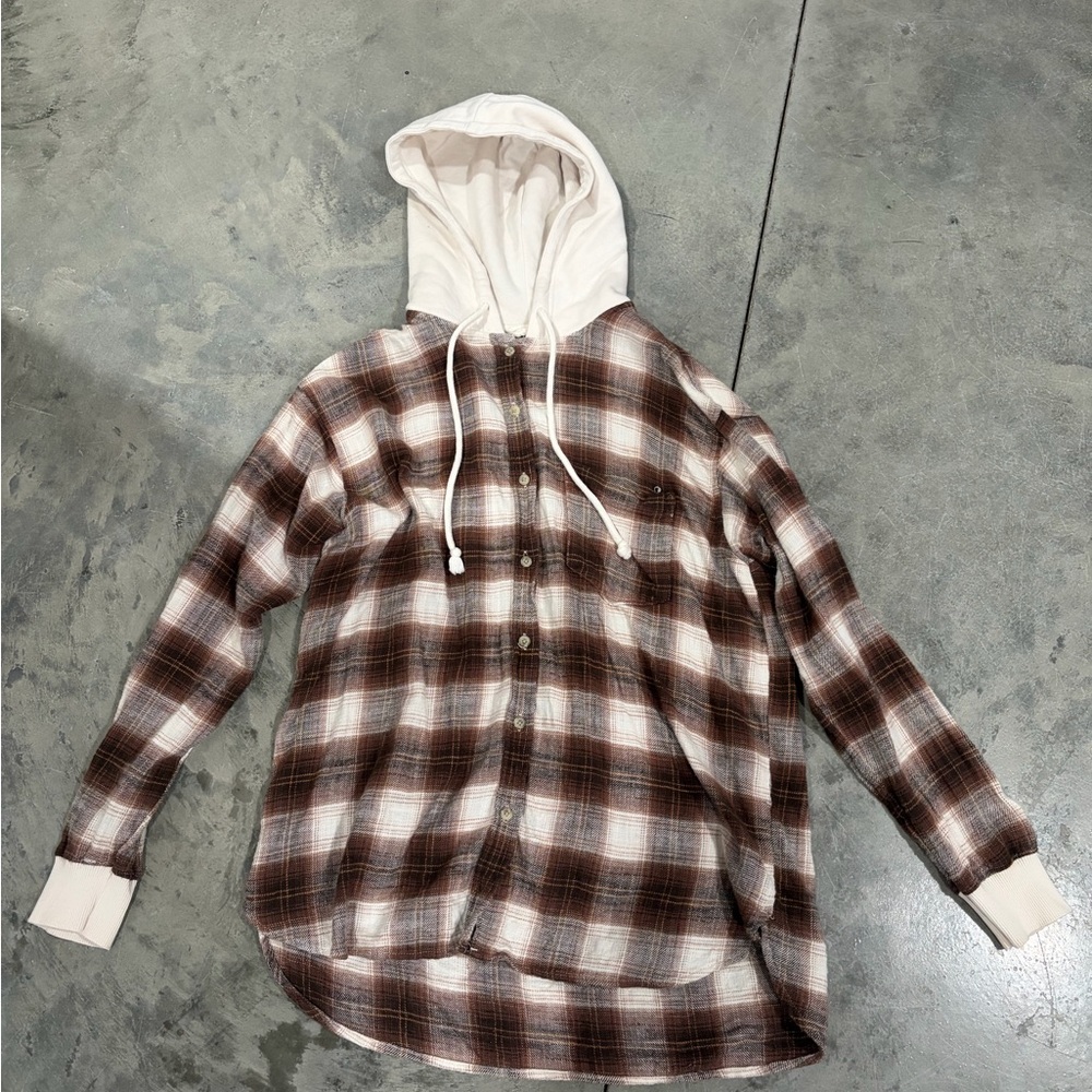 Plaid Hooded Women’s Shirt - Brown and Cream